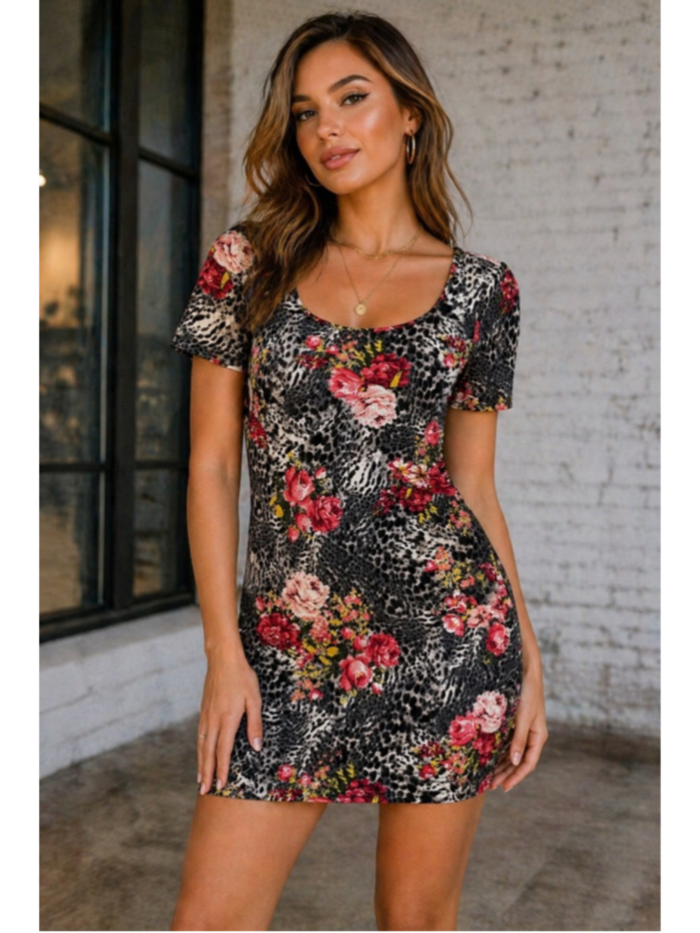 Material Girl Bodycon Dress XL Floral Leopard Print Short Sleeve Mini